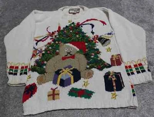 Vintage Crystal Kobe Ugly Christmas Sweater Women's Small Ivory Embroidered - Picture 1 of 9
