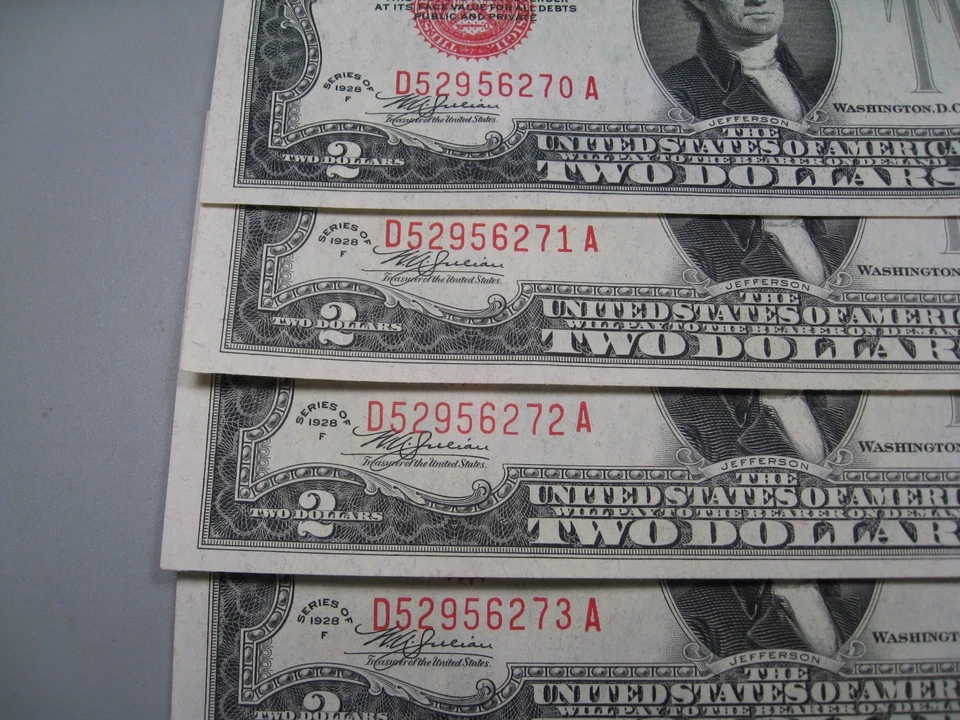 4 Consecutive Serial Number CU Crisp 1928-F Legal Tender $2 US Notes. D/A Block - Image 1 of 4