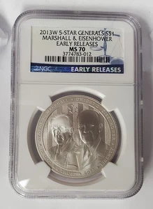 2013-W 5 Star Generals Marshal & Eisenhower Dollar NGC MS 70 lanzamientos tempranos - Imagen 1 de 2