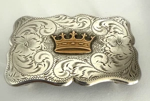 Diablo Sterling Silver Western Buckle Engraved floral & crown Rockabilly 3"x2" - Picture 1 of 8