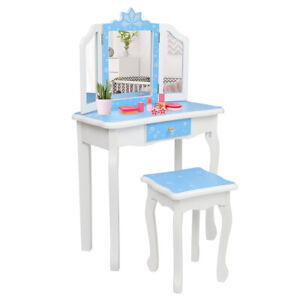 Children's Wooden Three-Sided Folding Mirror Dressing Table Chair Single Drawer