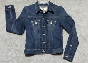 True Religion Jean Jacket Women’s Size Large Denim Trucker Distressed World Tour - Picture 1 of 16
