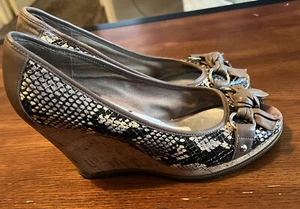 Sperry Top Sider Black Patent Leather Snakeskin Print Wedge Shoes Womens 8.5M - Picture 1 of 4