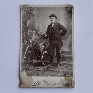 Antique Cabinet Card Photograph Handsome Young Man Bicycle ID Charlie Moyer - Picture 1 of 13