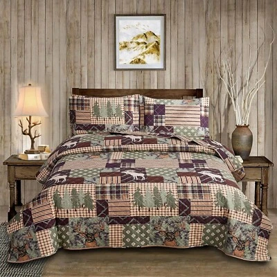 3-Piece Moose Pine Tree Reversible Quilt Set, Checked Color Stripe Rustic Home L - Image 1 of 4