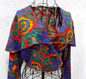 JAVA Vintage taillenlange Wickelbluse mit Cape Schultern leuchtende Farben Gr. 12 - Bild 1 von 12