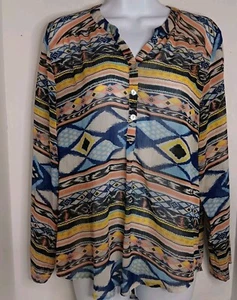 Living Doll Women's Sheer Top V- Neck Aztec Print Long Sleeves Size L - Picture 1 of 6