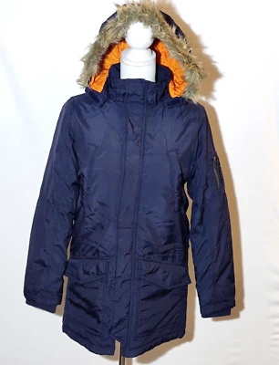 H&M Navy Blue Kids Hooded Parka Coat With Faux Fur Trim - Size age 11-12 Years - Image 1 of 4