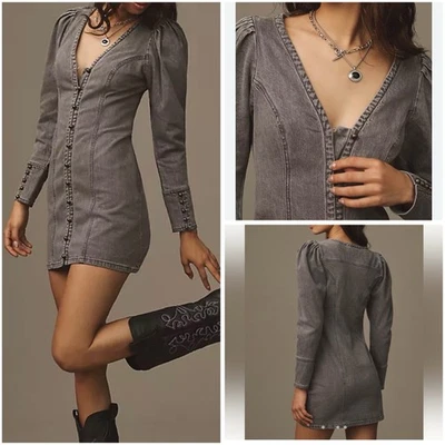 Mini Vestido Pilcro X Anthropologie Talla L Denim Manga Abullonada Gris Manga Larga $158 Foto 1 de 4