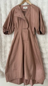 OROTON Dusty Pink Puff Sleeve Button Front A Line Midi Dress Pockets Size 8 - Bild 1 von 7