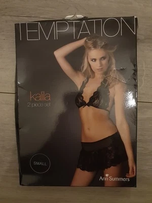 Conjunto de 2 peças Ann Summers Temptation preto renda e malha Kalila novo na caixa tamanho pequeno - Imagem 1 de 4