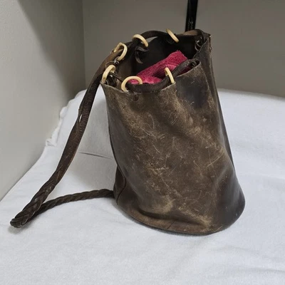 VTG 1930s Leather Bucket Bag w/ Bone Rings Braided Strap 13"x10" Handmade - Image 1 of 4