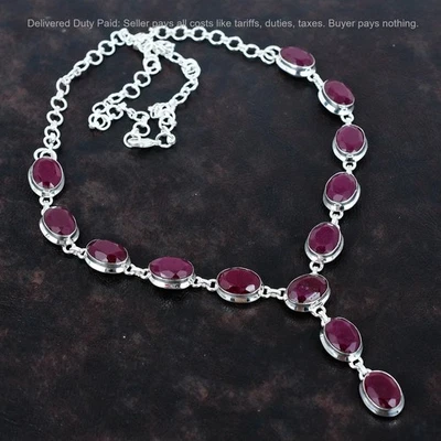 Faceted Kashmir Ruby Gemstone Necklace 925 Sterling Silver Adjustable Necklace - Image 1 of 4