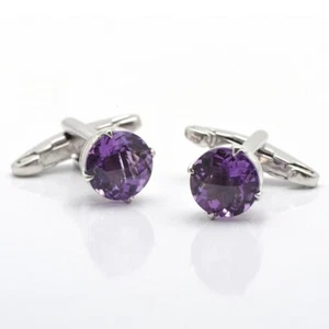 925 Sterling Silver Natural Round Cut Amethyst Gemstone Men's Cufflinks - Picture 1 of 4