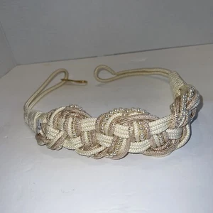 Woven Braided White/Cream Stretch Fabric Cord with Faux Pearls Belt Vintage - Picture 1 of 7