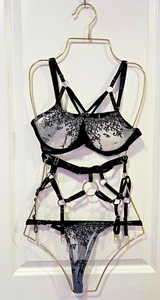 Fashion Print Stickerei Unterwäsche Set Dessous Sexualität transparente Spitze 3-teilig - Bild 1 von 6