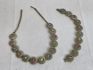 Vintage Gold Tone Multi Color Rhinestone Crystal Choker Necklace and Bracelet