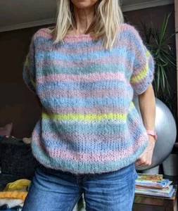 Handmade Stripy Mohair Off Shoulder Short Sleeve Jumper BNWT, Size M/L - Picture 1 of 6