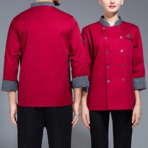 Mens Unisex Double-Breasted Chef Coat Contrast Color Stand Collar Uniform - Picture 1 of 27