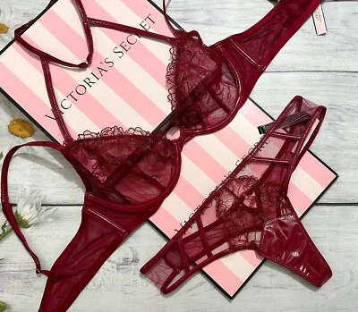VS Midnight Affair Embroidery Low-Cut Demi Bra Thong Set Lacquer Red - Image 1 of 4