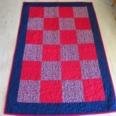 Vintage Handmade Block Quilt Red Blue Blanket Throw 46x66 Machine Quilted Heavy - Image 1 of 4