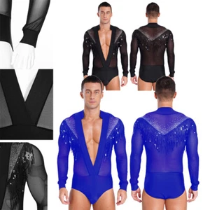Men Rompers Tango Shirt Latin Bodysuit Ballroom Leotard Mesh One Piece Sheer - Picture 1 of 25