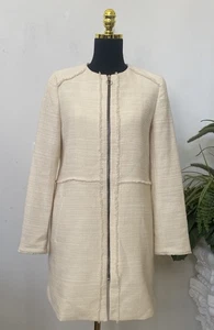 Zara Creme Elfenbein Reißverschluss Baumwollmischung Tweed Fransen Jacke Mantel Größe M EUC! 159 $ - Bild 1 von 8