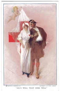 1915 Croce Rossa Epoca WWI Artista Illustrato Infermiera e Soldato Ferito, Cherubino - Foto 1 di 2