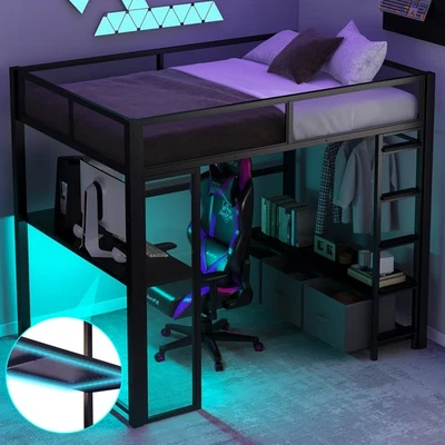 Full Size Metal Gaming Loft Bed with LED, Desk,Open Wardrobe and 3 Linen Storage - Image 1 of 4