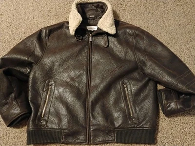 Calvin Klein Brown Distressed Polyester Aviator Bomber Jacket Sherpa Collar XL - Image 1 of 4