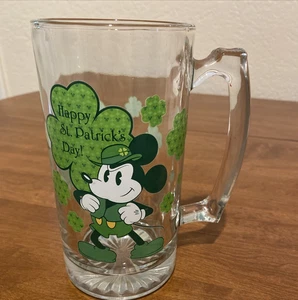 Disney Mickey Mouse St. Patricks Day Large Glass Stein Mug Vintage Heavy - Picture 1 of 11