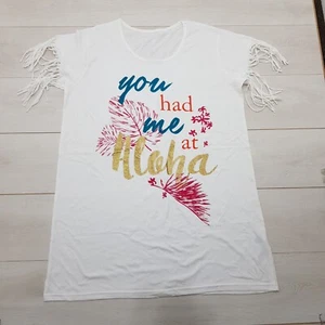 AVON Aloha Cotton Top Tunic Size 18-20 White Graphic Fringe Stretch Short Sleeve - Picture 1 of 7