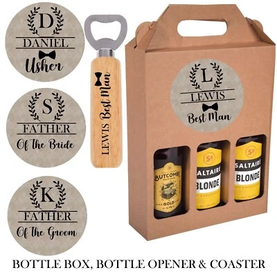 PERSONALISED BEER BOTTLE CARRIER BOX BOTTLE OPENER COASTER WEDDING BEST MAN etc