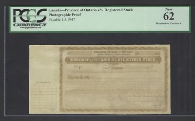 Canada-Province of Ontario 4% Registered Stock 1-5-1947 Photographic Proof UNC - Image 1 of 2