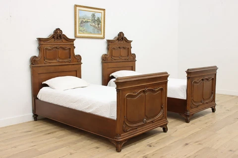 Pair of French Antique Carved Walnut Twin Single Size Beds #45943 Cover