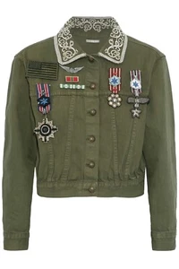 ALICE + OLIVIA appliquéd Embroidered Army Green Denim Jacket, Size Large, NWT - Picture 1 of 10