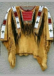 Old Antique Style Handmade Golden Buckskin Suede Leather Fringes Beaded War NW2 - Picture 1 of 2