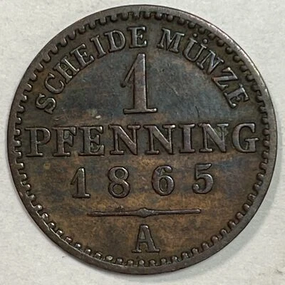 1865-A Prussia German States 1 Pfennig Extremely Fine XF Coin #19821 - Image 1 of 3