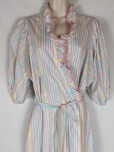 ALLENDALE VTG 60s/70s Womens Long Striped Lightweight Robe Ruffles Front Tie MED - Picture 1 of 11