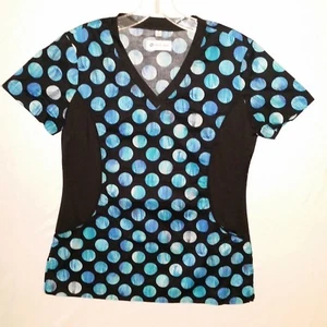 White Cross Womens Notch Neck Stretch Side Blue Dots Print Scrub Top Size S - Picture 1 of 6