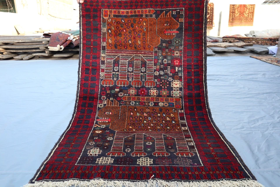 Alfombra 3x4 Vintage Afghan Baluchi Pictórica - Alfombra de Lana Rara Motivo León - Tribal Foto 1 de 4