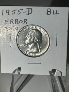1955 D Wash Qtr 90% Silver Spiked Chin Error see Pic Unc BU Flashy Coin - Picture 1 of 3