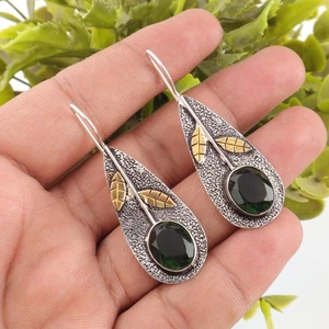 925 Sterling Silver Natural Green Tourmaline Wife Dangling Pair Earrings Jewelry - Picture 1 of 3