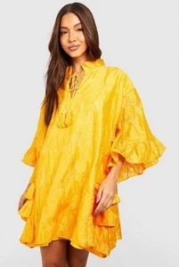 BOOHOO Orange/Mustard Textured Ruffle Smock Tassel Kaftan Mini Dress 16 XXL - Picture 1 of 12