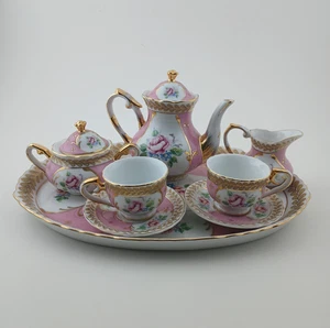 Mini set da tè vintage da collezione 10 pezzi giardino floreale rosa bianco bordato oro - Foto 1 di 15