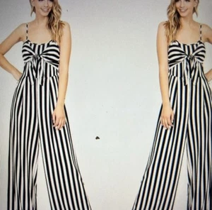 A. CALIN By FLYING TOMATOE Black/White Stripe Knot Front Jumpsuit, Cut Out, Sz S - Picture 1 of 8