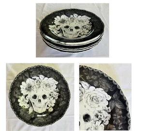 222 Fifth Halloween Dinner Plates 10.75 in MARBELLA SKULL Porcelain 4-Pc Set - Picture 1 of 6