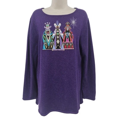 Bob Mackie Wearable Art Sweater M Purple 3 Wise Men Christmas Religious Holiday - Image 1 of 4