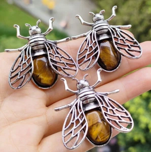 3pcs Tiger eye Gems Bee Pendants Brooch Happy Luck Amulet - Picture 1 of 1