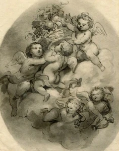Antique Etching Angels in the Sky with Fruits after Fragonnard? - Picture 1 of 8